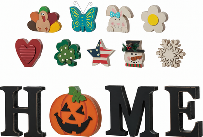 Interchangeable "HOME" Tabletop Sign — Wooden decorative piece with changeable designs for holidays, suitable for shelf display.