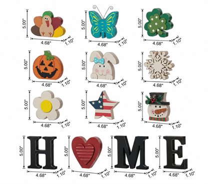 Interchangeable "HOME" Tabletop Sign — Wooden decorative piece with changeable designs for holidays, suitable for shelf display.