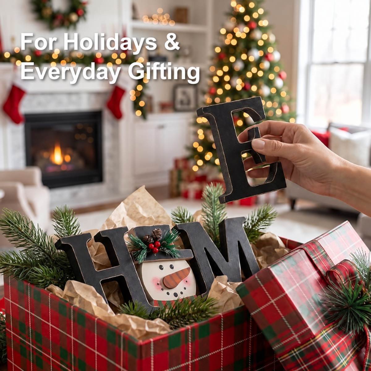 Interchangeable "HOME" Tabletop Sign — Wooden decorative piece with changeable designs for holidays, suitable for shelf display.