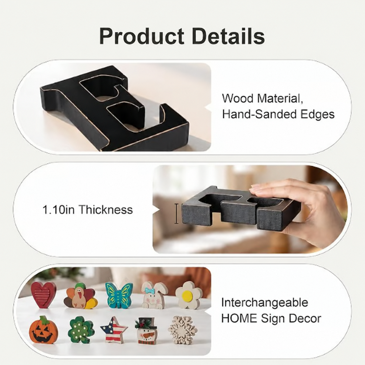 Interchangeable "HOME" Tabletop Sign — Wooden decorative piece with changeable designs for holidays, suitable for shelf display.