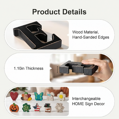 Interchangeable "HOME" Tabletop Sign — Wooden decorative piece with changeable designs for holidays, suitable for shelf display.