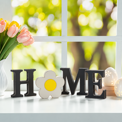 Interchangeable "HOME" Tabletop Sign — Wooden decorative piece with changeable designs for holidays, suitable for shelf display.