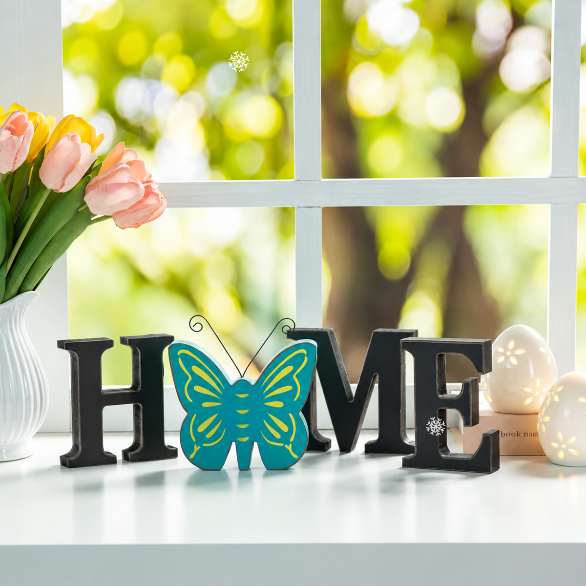 Interchangeable "HOME" Tabletop Sign — Wooden decorative piece with changeable designs for holidays, suitable for shelf display.