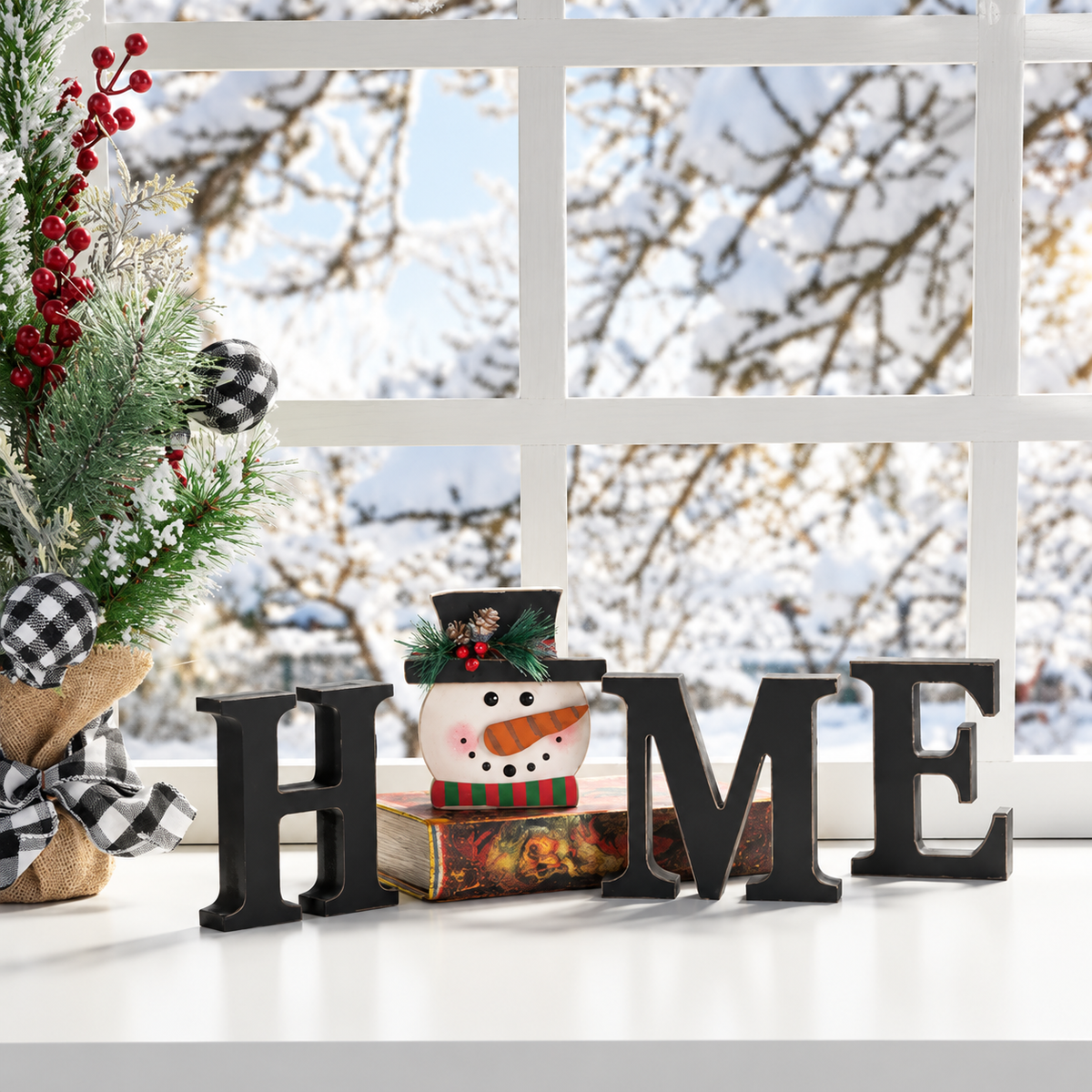 Interchangeable "HOME" Tabletop Sign — Wooden decorative piece with changeable designs for holidays, suitable for shelf display.