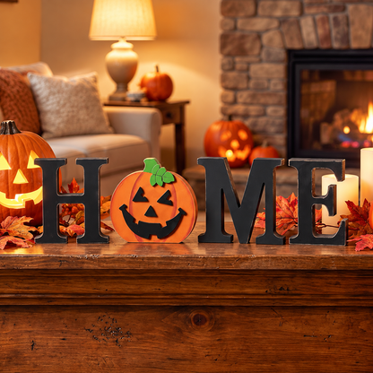 Interchangeable "HOME" Tabletop Sign — Wooden decorative piece with changeable designs for holidays, suitable for shelf display.
