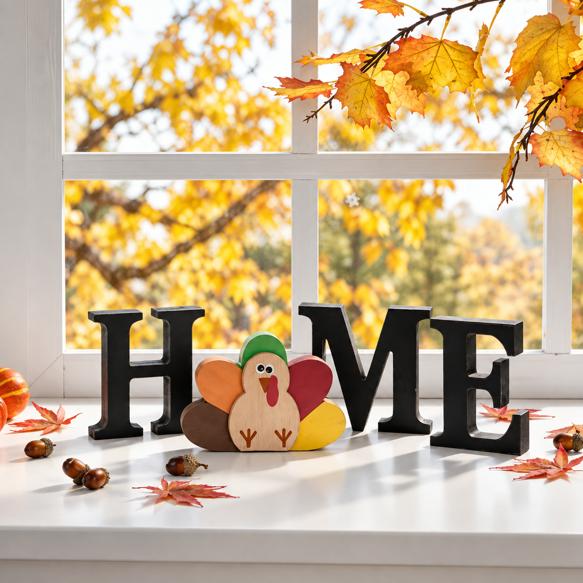 Interchangeable "HOME" Tabletop Sign — Wooden decorative piece with changeable designs for holidays, suitable for shelf display.