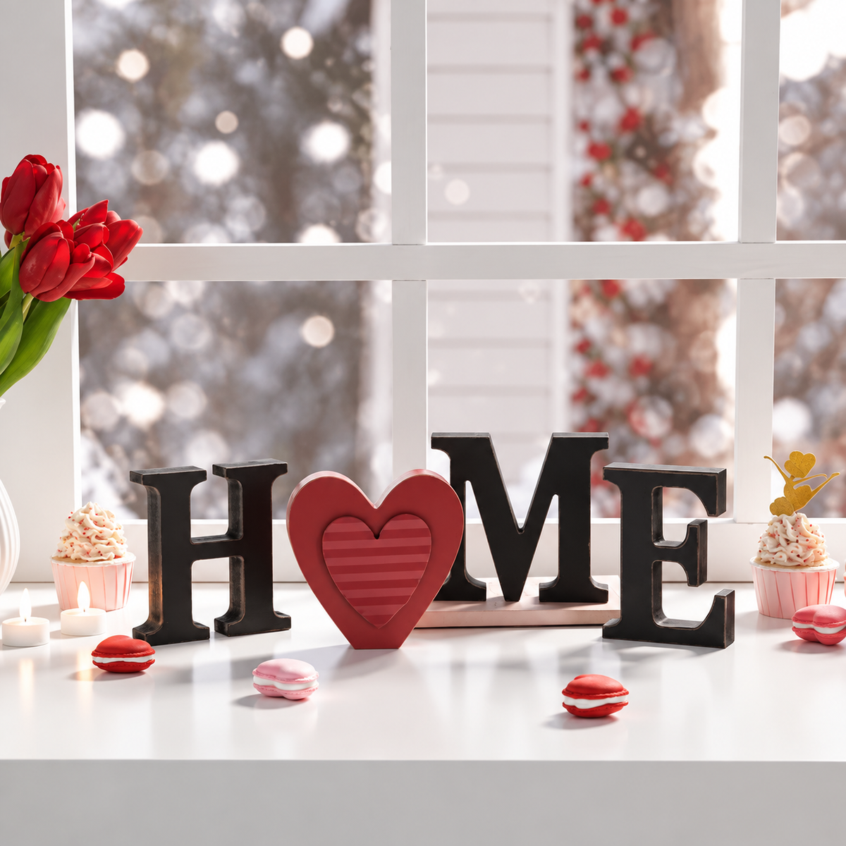 Interchangeable "HOME" Tabletop Sign — Wooden decorative piece with changeable designs for holidays, suitable for shelf display.