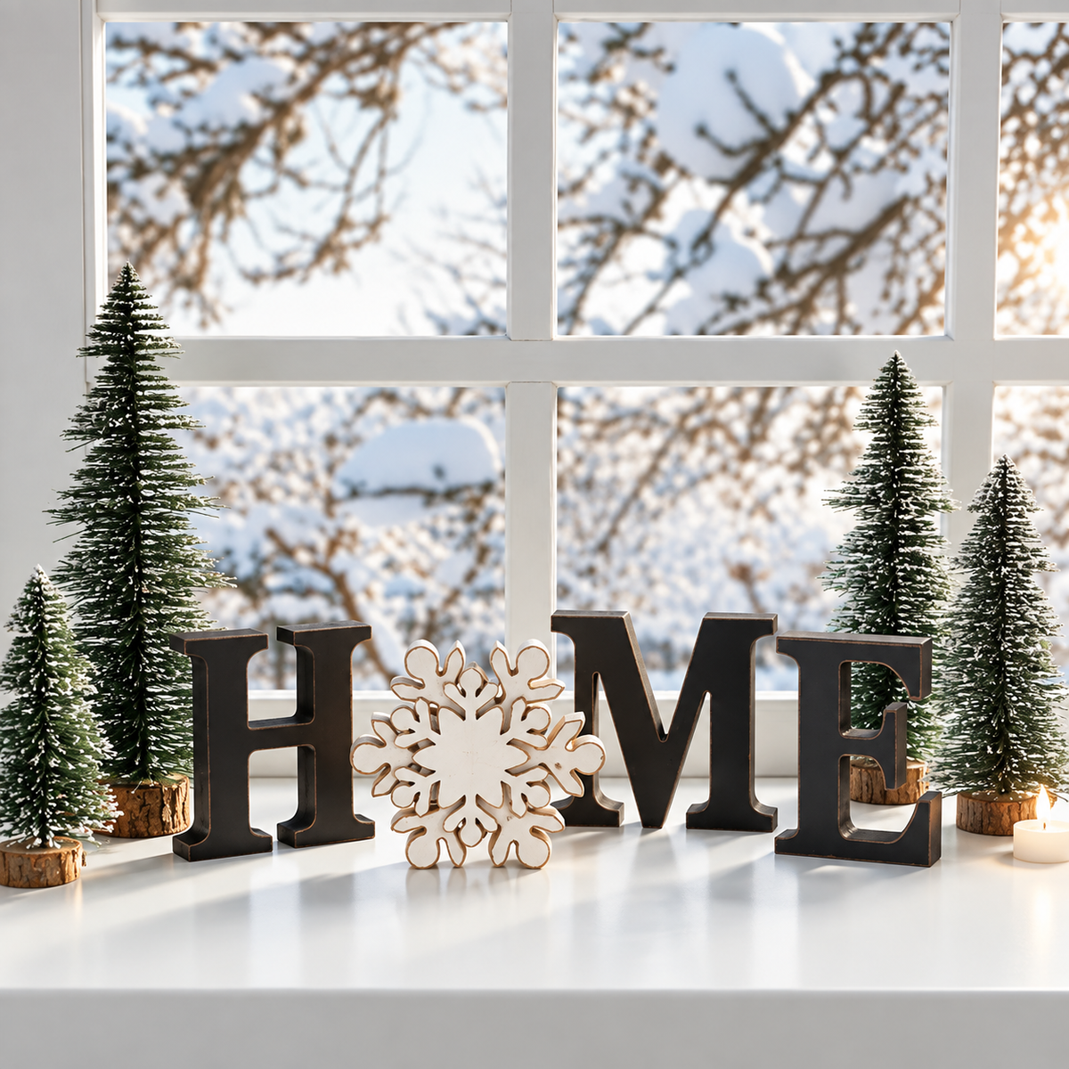 Interchangeable "HOME" Tabletop Sign — Wooden decorative piece with changeable designs for holidays, suitable for shelf display.