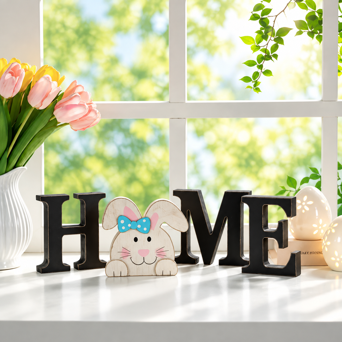 Interchangeable "HOME" Tabletop Sign — Wooden decorative piece with changeable designs for holidays, suitable for shelf display.
