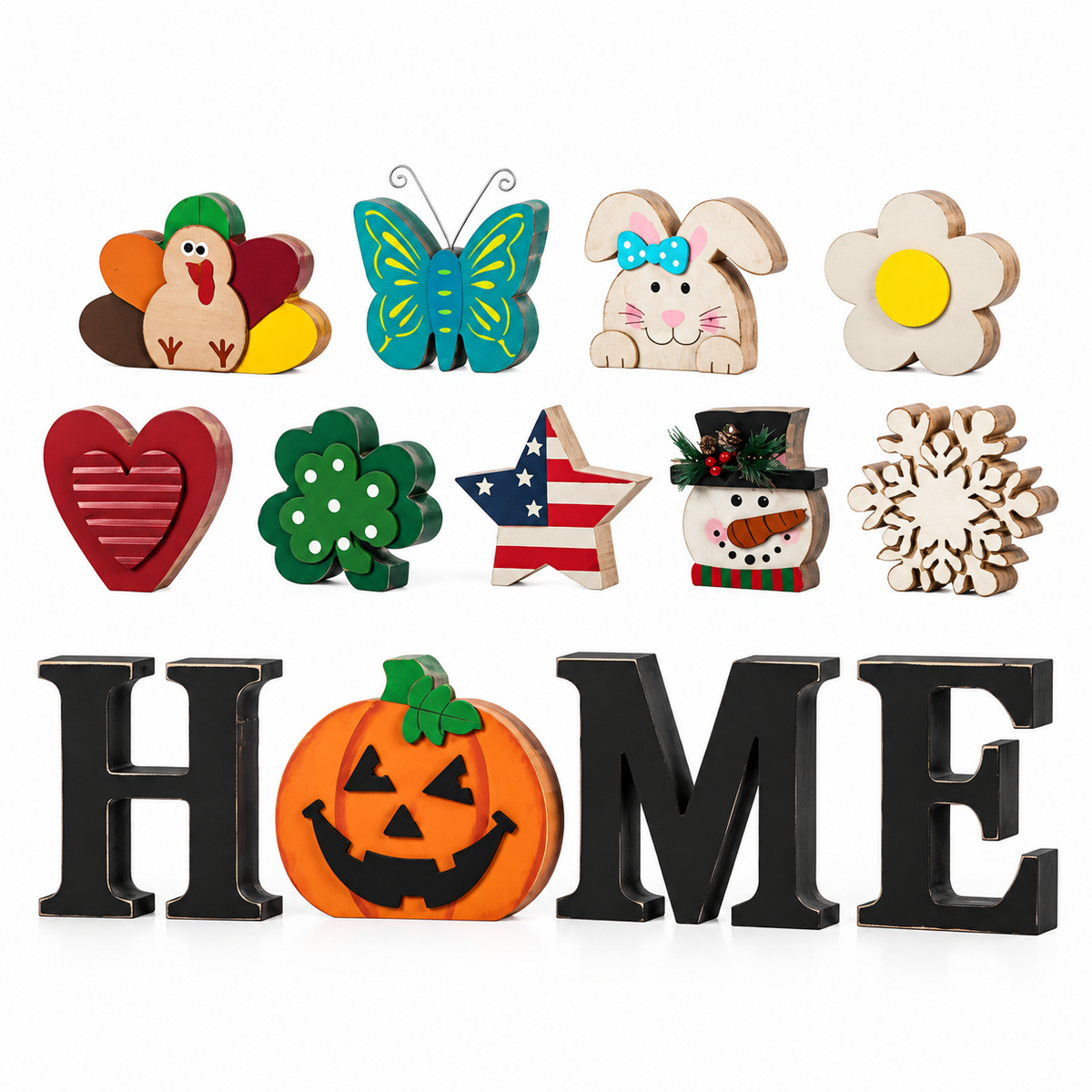Interchangeable "HOME" Tabletop Sign — Wooden decorative piece with changeable designs for holidays, suitable for shelf display.
