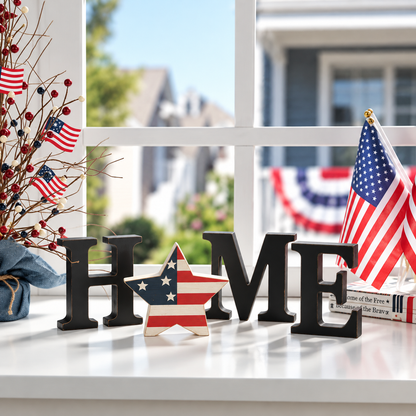 Interchangeable "HOME" Tabletop Sign — Wooden decorative piece with changeable designs for holidays, suitable for shelf display.