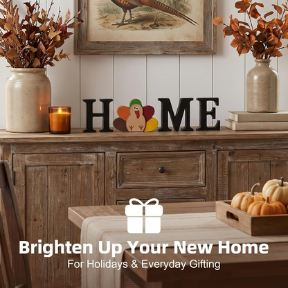 Interchangeable "HOME" Tabletop Sign — Wooden decorative piece with changeable designs for holidays, suitable for shelf display.