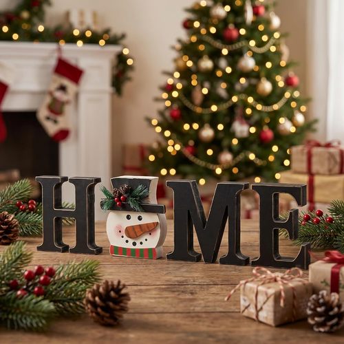 Interchangeable "HOME" Tabletop Sign — Wooden decorative piece with changeable designs for holidays, suitable for shelf display.