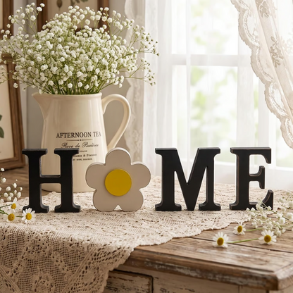 Interchangeable "HOME" Tabletop Sign — Wooden decorative piece with changeable designs for holidays, suitable for shelf display.